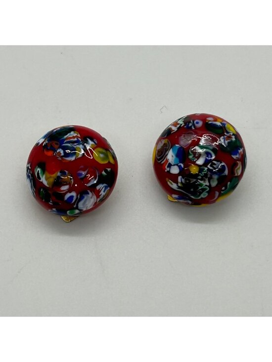 Estate Jewelry - Millefiori Glass Clip-On Earrings Red Dome Multi-Color Mosaic Vintage